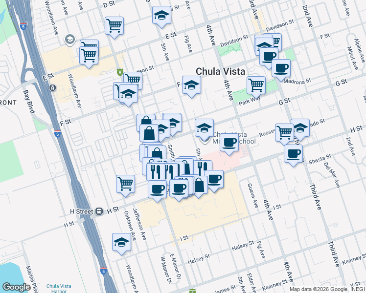 map of restaurants, bars, coffee shops, grocery stores, and more near 540 G Street in Chula Vista