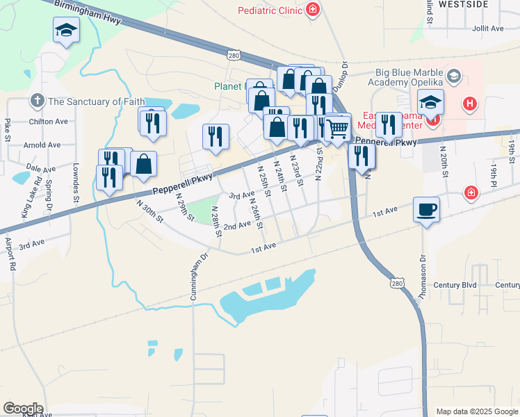 map of restaurants, bars, coffee shops, grocery stores, and more near 202 North 26th Street in Opelika
