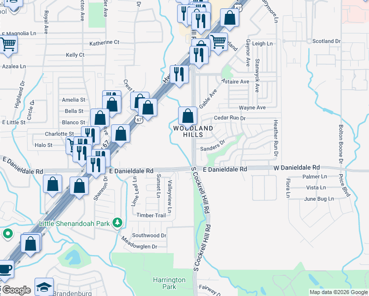 map of restaurants, bars, coffee shops, grocery stores, and more near 1423 South Cockrell Hill Road in Duncanville