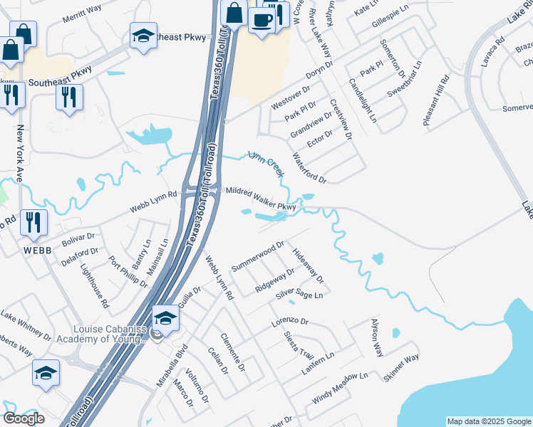 map of restaurants, bars, coffee shops, grocery stores, and more near Lynn Creek Parkway in Grand Prairie