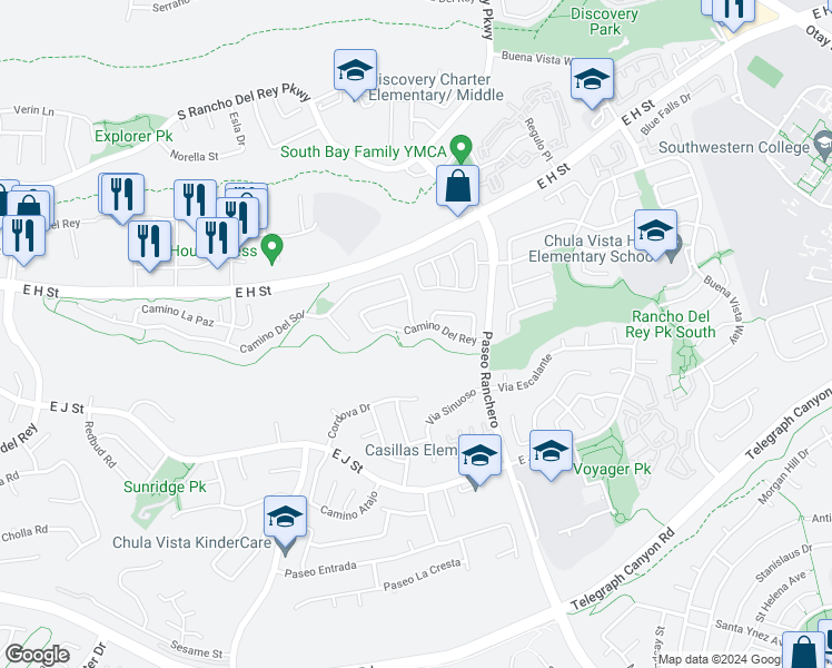 map of restaurants, bars, coffee shops, grocery stores, and more near 1104 Camino Del Rey in Chula Vista