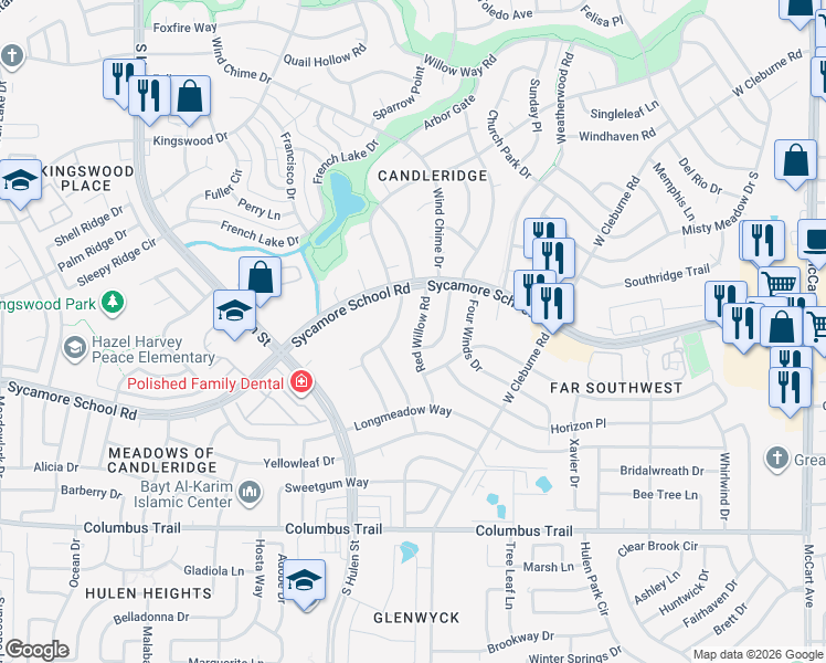 map of restaurants, bars, coffee shops, grocery stores, and more near 7621 Nutwood Place in Fort Worth