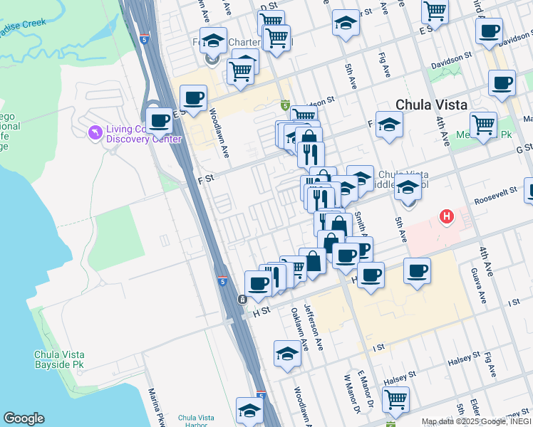map of restaurants, bars, coffee shops, grocery stores, and more near 617-2 Chula Vista Street in Chula Vista