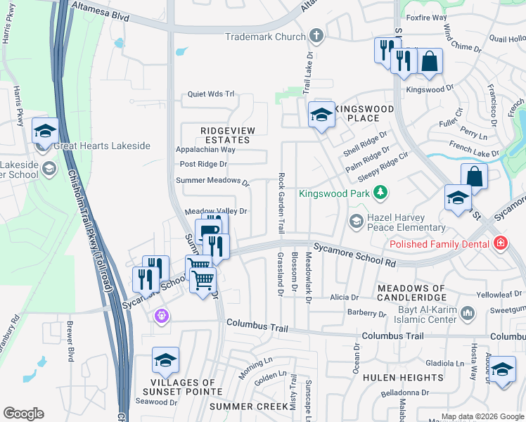 map of restaurants, bars, coffee shops, grocery stores, and more near 7500 Sweet Meadows Drive in Fort Worth