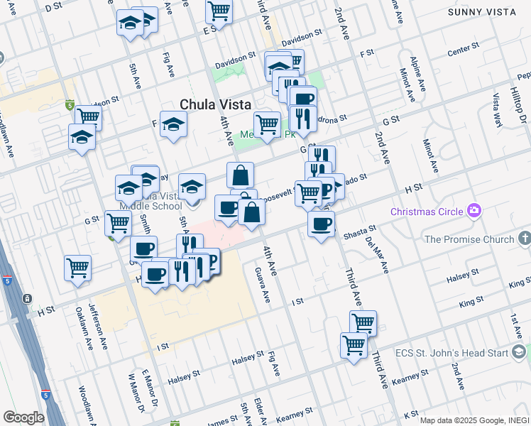 map of restaurants, bars, coffee shops, grocery stores, and more near 487 4th Avenue in Chula Vista