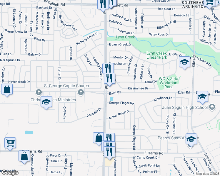 map of restaurants, bars, coffee shops, grocery stores, and more near 6851 Matlock Road in Arlington