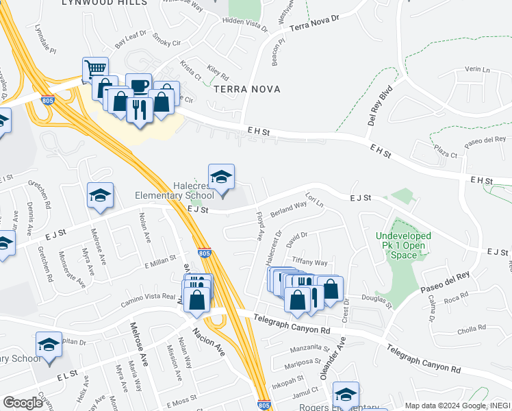 map of restaurants, bars, coffee shops, grocery stores, and more near East J Street & Floyd Avenue in Chula Vista