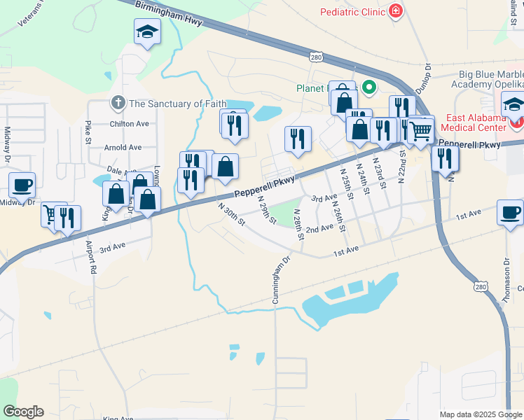 map of restaurants, bars, coffee shops, grocery stores, and more near 2907 3rd Avenue in Opelika