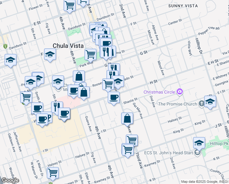 map of restaurants, bars, coffee shops, grocery stores, and more near 318 H Street in Chula Vista