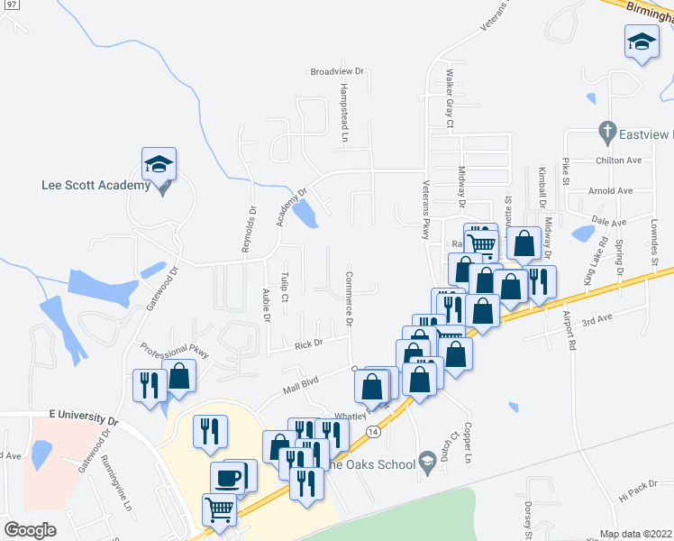 map of restaurants, bars, coffee shops, grocery stores, and more near 1355 Commerce Drive in Auburn