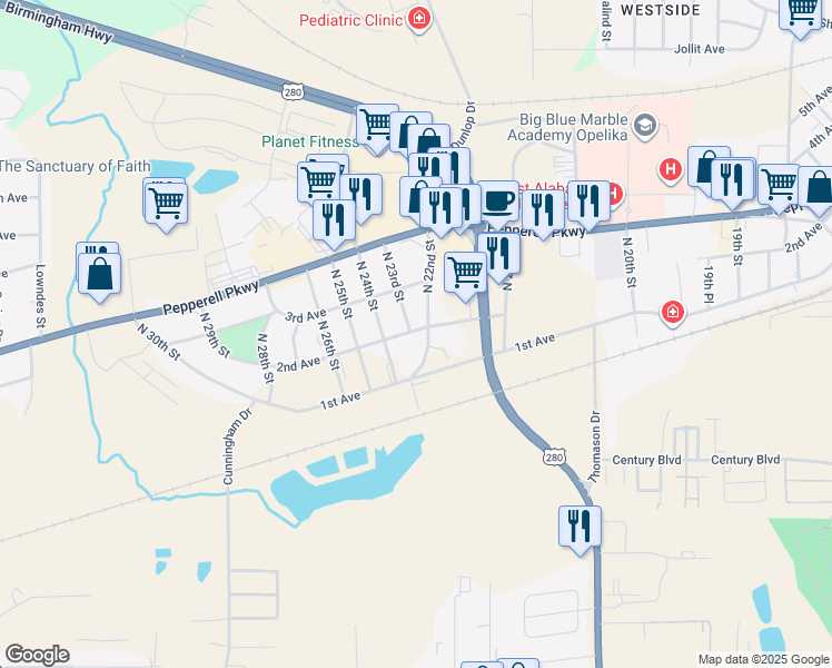 map of restaurants, bars, coffee shops, grocery stores, and more near 2205 2nd Avenue in Opelika