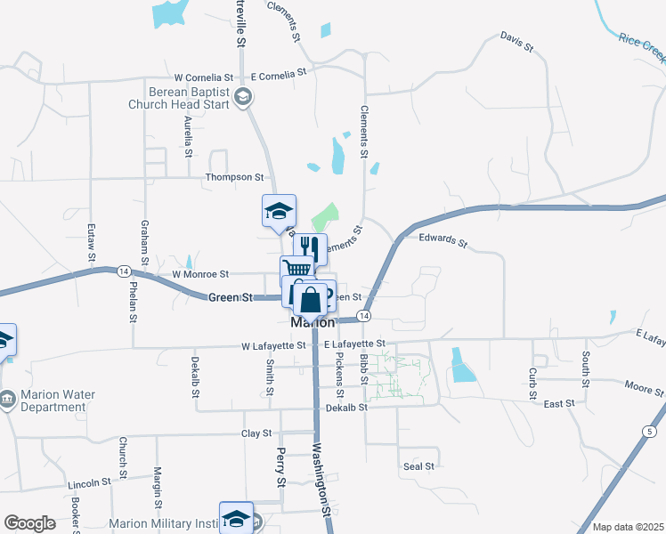 map of restaurants, bars, coffee shops, grocery stores, and more near 202 Monroe Street in Marion