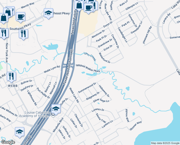 map of restaurants, bars, coffee shops, grocery stores, and more near Lynn Creek Parkway in Grand Prairie