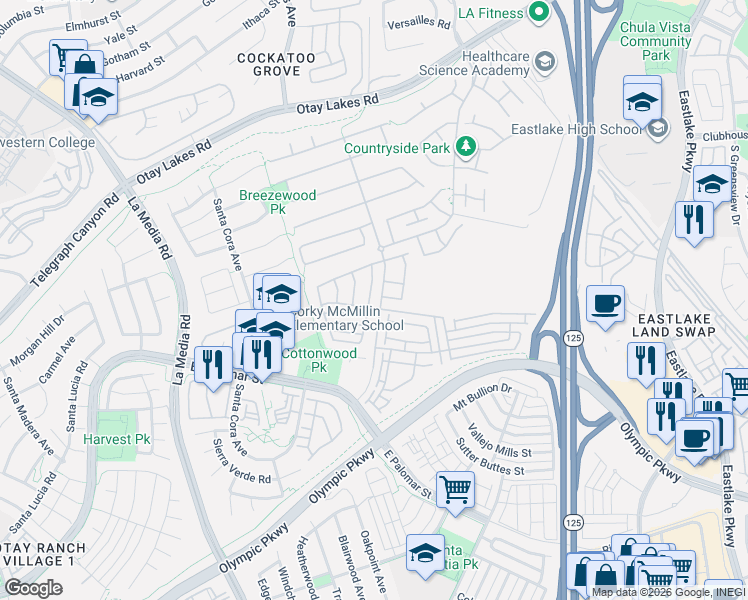 map of restaurants, bars, coffee shops, grocery stores, and more near 1239 Mill Valley Road in Chula Vista
