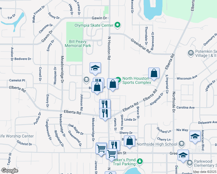 map of restaurants, bars, coffee shops, grocery stores, and more near 891 North Houston Road in Warner Robins