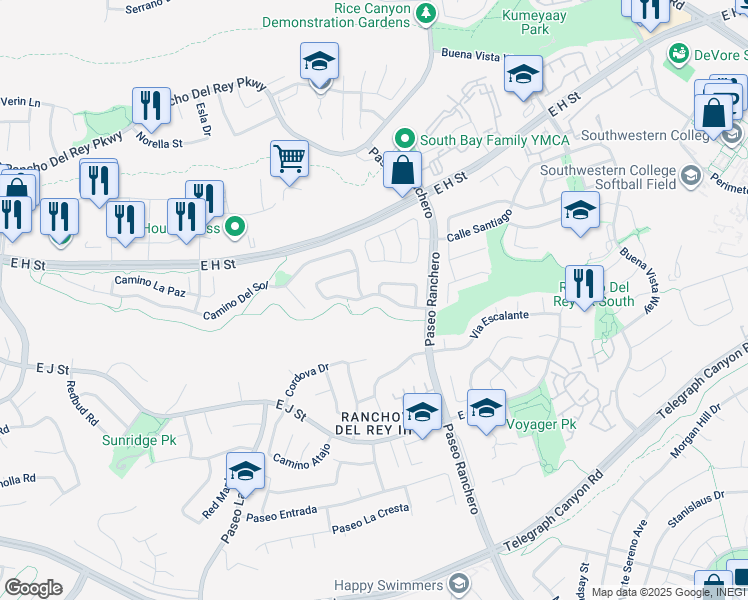 map of restaurants, bars, coffee shops, grocery stores, and more near 1112 Camino Del Rey in Chula Vista