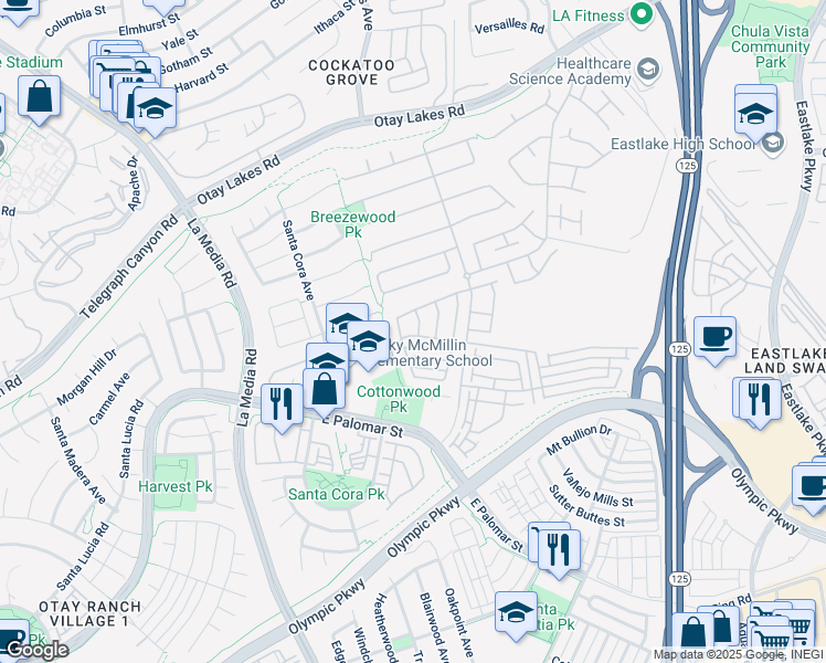 map of restaurants, bars, coffee shops, grocery stores, and more near 1300 Battle Creek Road in Chula Vista