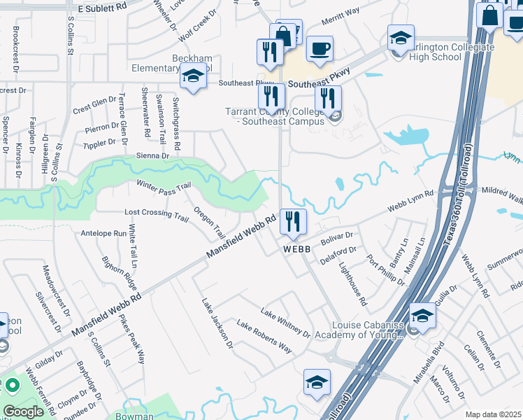 map of restaurants, bars, coffee shops, grocery stores, and more near 2004 Winter Pass Trail in Arlington