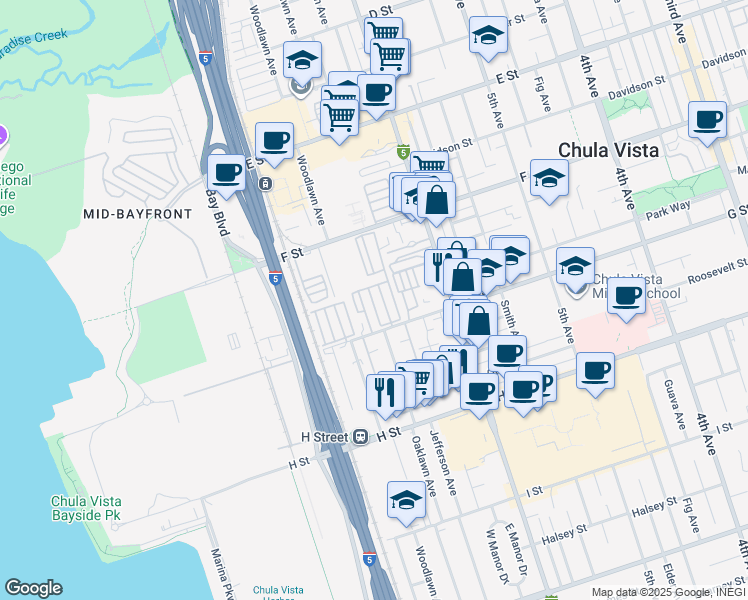 map of restaurants, bars, coffee shops, grocery stores, and more near 677 G Street in Chula Vista