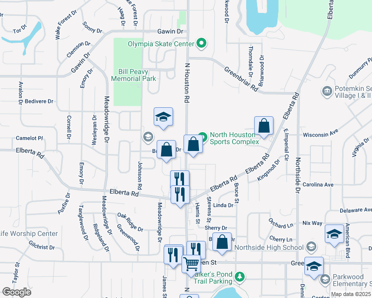 map of restaurants, bars, coffee shops, grocery stores, and more near 737 North Houston Road in Warner Robins