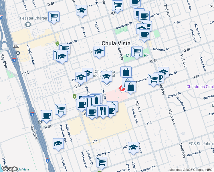 map of restaurants, bars, coffee shops, grocery stores, and more near 415 5th Avenue in Chula Vista