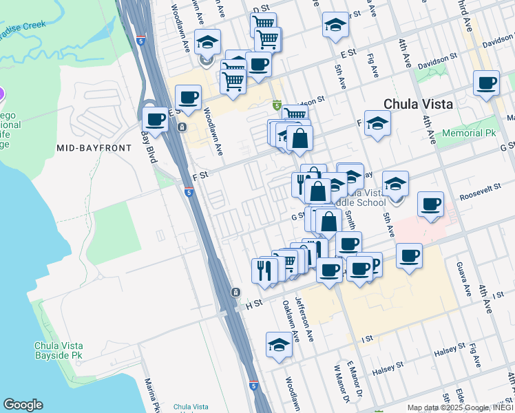 map of restaurants, bars, coffee shops, grocery stores, and more near in Chula Vista