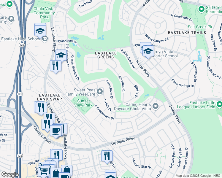 map of restaurants, bars, coffee shops, grocery stores, and more near 1945 Discovery Falls Drive in Chula Vista
