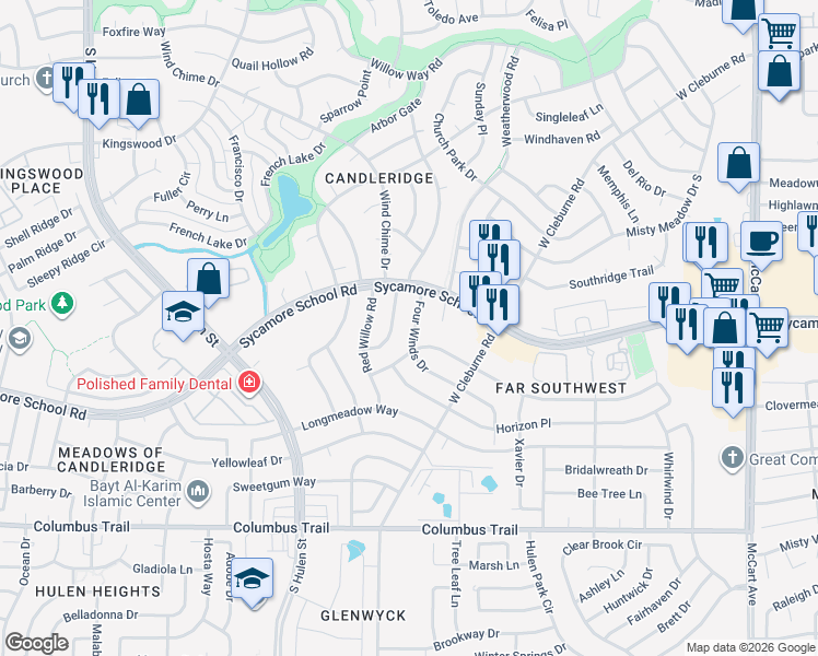 map of restaurants, bars, coffee shops, grocery stores, and more near 7528 4 Winds Drive in Fort Worth