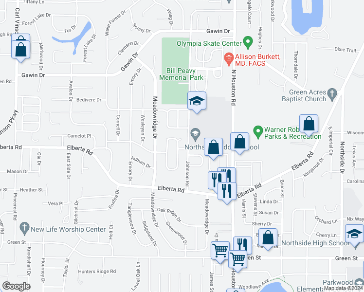 map of restaurants, bars, coffee shops, grocery stores, and more near 104 Bassford Drive in Warner Robins