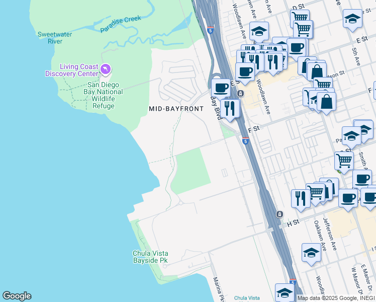 map of restaurants, bars, coffee shops, grocery stores, and more near 936-948 Lagoon Drive in Chula Vista