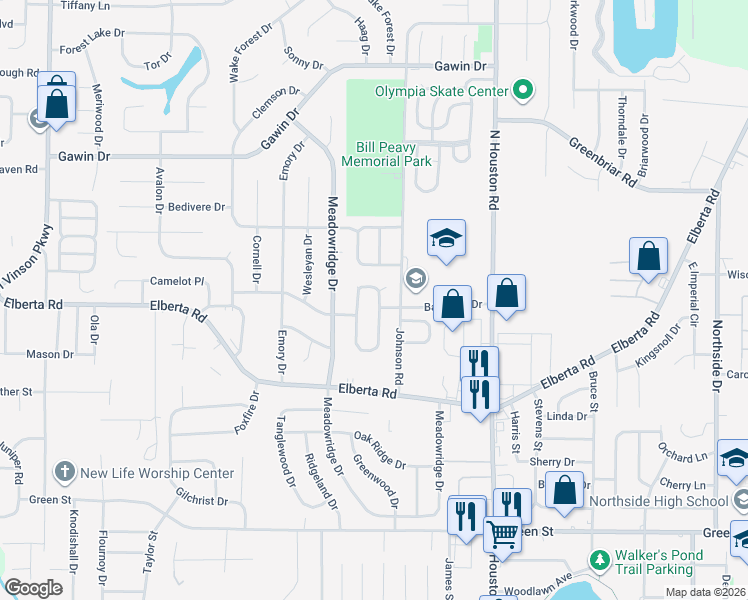 map of restaurants, bars, coffee shops, grocery stores, and more near 315 Johnson Road in Warner Robins