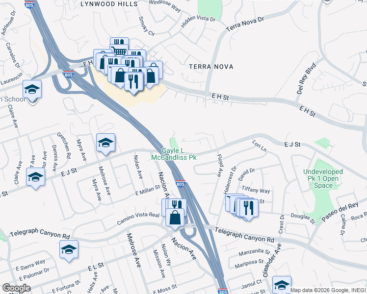 map of restaurants, bars, coffee shops, grocery stores, and more near 475 East J Street in Chula Vista