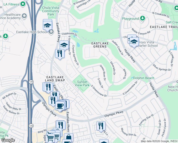 map of restaurants, bars, coffee shops, grocery stores, and more near 2281 Green River Drive in Chula Vista