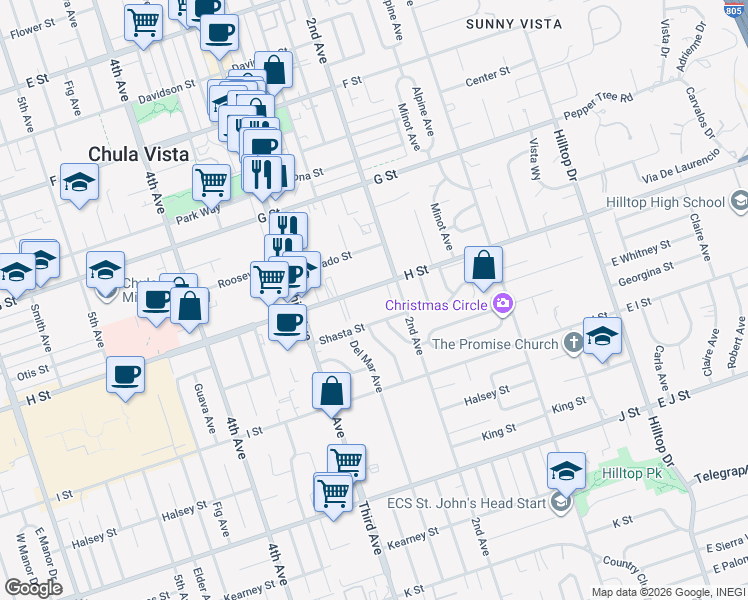 map of restaurants, bars, coffee shops, grocery stores, and more near 205 H Street in Chula Vista