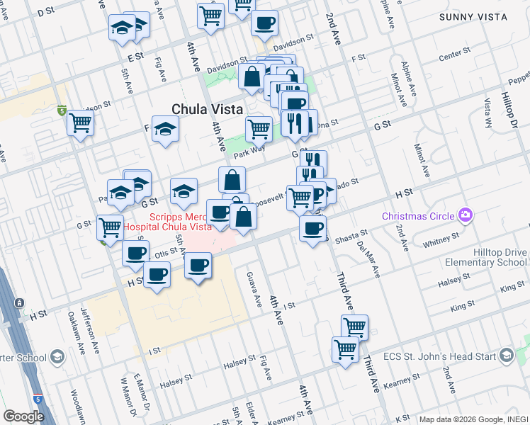 map of restaurants, bars, coffee shops, grocery stores, and more near 377 Roosevelt Street in Chula Vista
