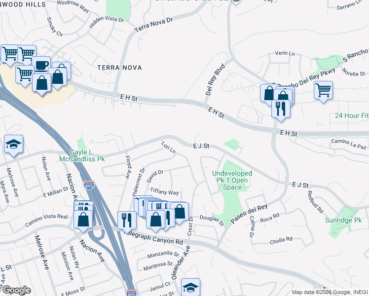 map of restaurants, bars, coffee shops, grocery stores, and more near 2 J Street in Chula Vista