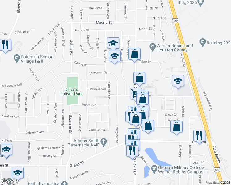 map of restaurants, bars, coffee shops, grocery stores, and more near 201 Evergreen Street in Warner Robins
