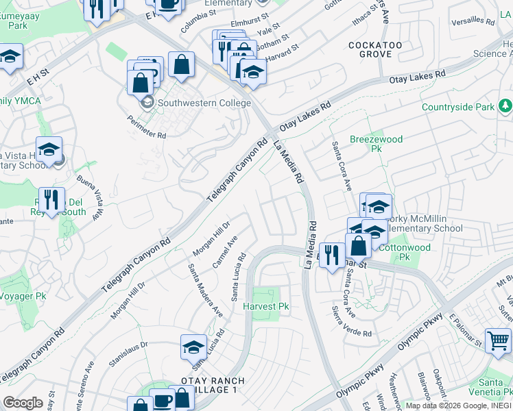 map of restaurants, bars, coffee shops, grocery stores, and more near 1126 Pacifica Avenue in Chula Vista