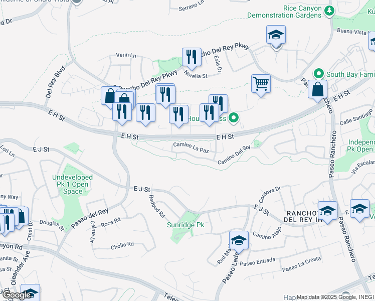 map of restaurants, bars, coffee shops, grocery stores, and more near 921 Camino La Paz in Chula Vista