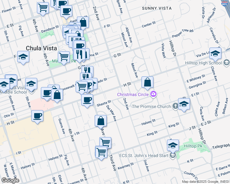 map of restaurants, bars, coffee shops, grocery stores, and more near 205 H Street in Chula Vista
