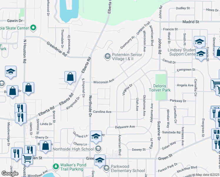map of restaurants, bars, coffee shops, grocery stores, and more near 111 Wisconsin Avenue in Warner Robins