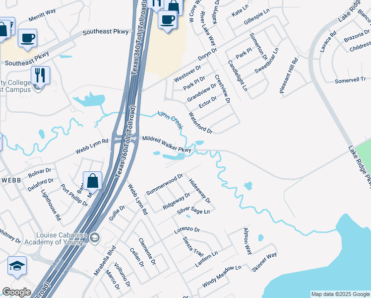map of restaurants, bars, coffee shops, grocery stores, and more near 5803 Waterford Drive in Grand Prairie