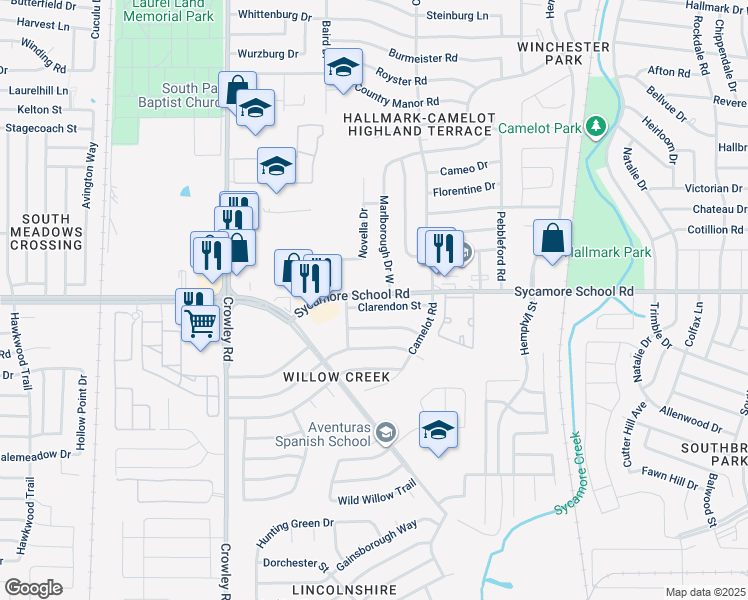 map of restaurants, bars, coffee shops, grocery stores, and more near 1500 Sycamore School Road in Fort Worth