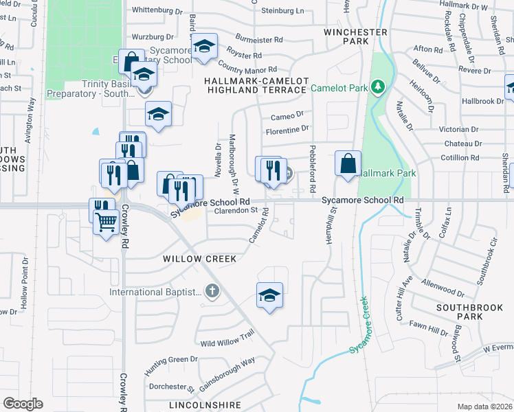 map of restaurants, bars, coffee shops, grocery stores, and more near 1412 Sycamore School Road in Fort Worth