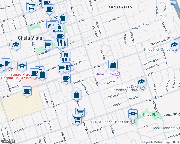 map of restaurants, bars, coffee shops, grocery stores, and more near 205 H Street in Chula Vista