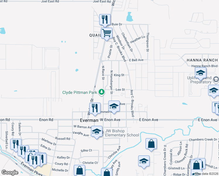 map of restaurants, bars, coffee shops, grocery stores, and more near 408 North Hansbarger Street in Everman