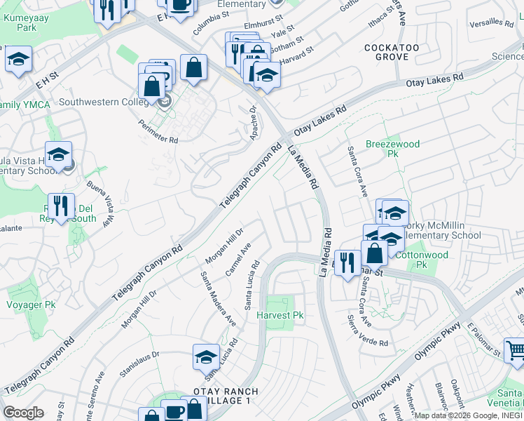 map of restaurants, bars, coffee shops, grocery stores, and more near 1153 Gustine Street in Chula Vista