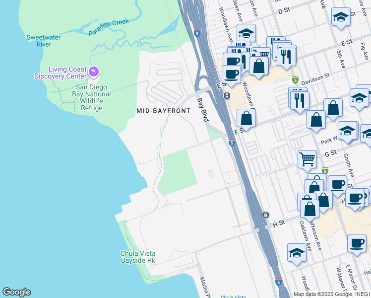 map of restaurants, bars, coffee shops, grocery stores, and more near 936 Lagoon Drive in Chula Vista