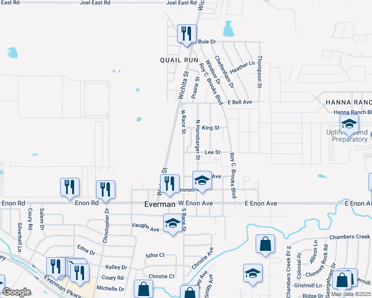 map of restaurants, bars, coffee shops, grocery stores, and more near 404 North Race Street in Everman