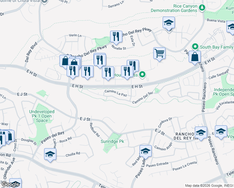 map of restaurants, bars, coffee shops, grocery stores, and more near 921 Camino La Paz in Chula Vista